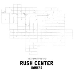 Rush Center Kansas. US street map with black and white lines.