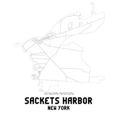 Sackets Harbor New York. US street map with black and white lines.