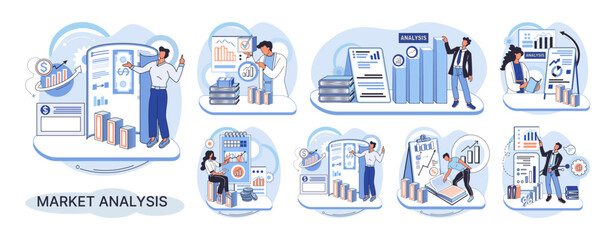 Market analysis metaphor marketing strategy development. Business research. Identify business determine solutions business problems solving. Marketer analyzes sales plan, doing an advertising campaign