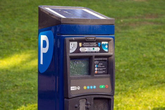 Veliko Tarnovo, Bulgaria - September 6, 2021: Parking meter in Veliko Tarnovo city