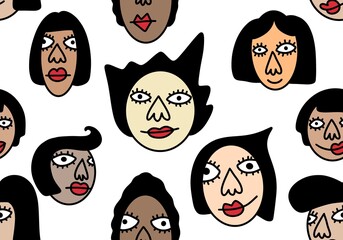 Cartoon women seamless character doodle face pattern for wrapping paper and kids clothes print and fabrics