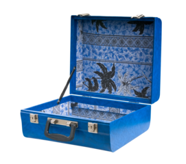 Open blue suitcase on transparent background