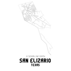 San Elizario Texas. US street map with black and white lines.