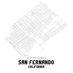 San Fernando California. US street map with black and white lines.