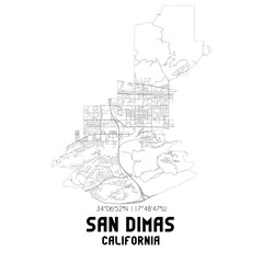 San Dimas California. US street map with black and white lines.