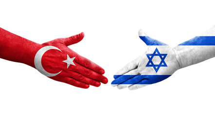 Handshake between Israel and Turkey flags painted on hands, isolated transparent image.