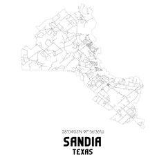 Sandia Texas. US street map with black and white lines.