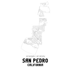 San Pedro California. US street map with black and white lines.