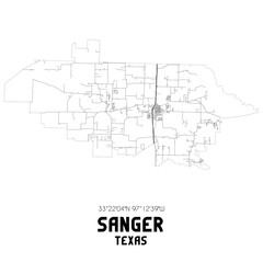 Sanger Texas. US street map with black and white lines.