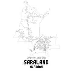 Saraland Alabama. US street map with black and white lines.