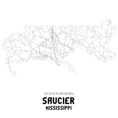 Saucier Mississippi. US street map with black and white lines.