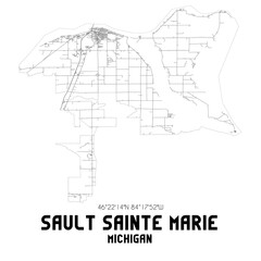 Sault Sainte Marie Michigan. US street map with black and white lines.