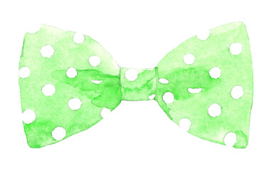 Green white dots watercolor bowtie illustration, ribbon. Easter animal clothes, spring Hipster funny clothes accessories, character creator decor fashion element isolated. Cute drawing clipart element