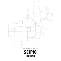 Scipio Indiana. US street map with black and white lines.