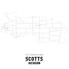 Scotts Michigan. US street map with black and white lines.