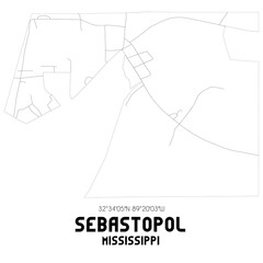 Sebastopol Mississippi. US street map with black and white lines.
