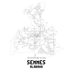 Semmes Alabama. US street map with black and white lines.