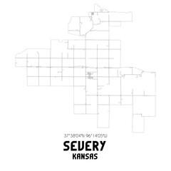 Severy Kansas. US street map with black and white lines.