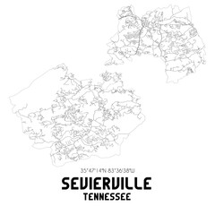 Sevierville Tennessee. US street map with black and white lines.