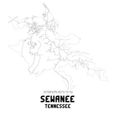 Sewanee Tennessee. US street map with black and white lines.