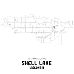 Shell Lake Wisconsin. US street map with black and white lines.