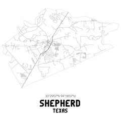 Shepherd Texas. US street map with black and white lines.