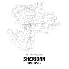 Sheridan Arkansas. US street map with black and white lines.