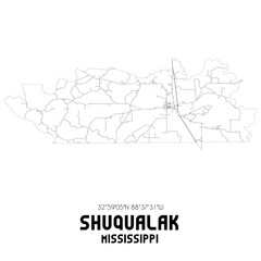 Shuqualak Mississippi. US street map with black and white lines.
