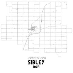 Sibley Iowa. US street map with black and white lines.
