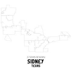 Sidney Texas. US street map with black and white lines.