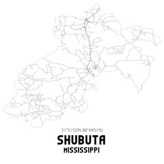 Shubuta Mississippi. US street map with black and white lines.
