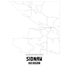 Sidnaw Michigan. US street map with black and white lines.