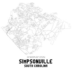 Simpsonville South Carolina. US street map with black and white lines.