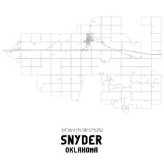 Snyder Oklahoma. US street map with black and white lines.