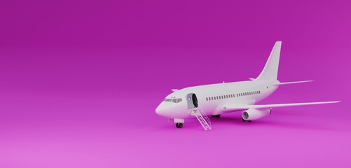 3D illustration, airplane, pink background, copy space, 3D rendering.