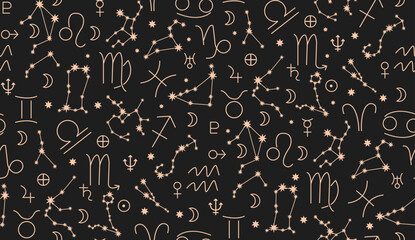Star signs of the zodiac. vector illustration. Astrological drawing of the constellations. on a black background. Read the natal chart. Starry sky. magic illustration. Astrological forecast.