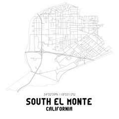South El Monte California. US street map with black and white lines.