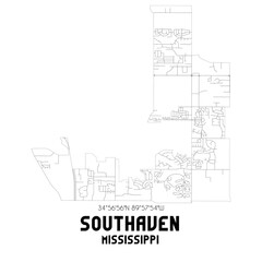 Southaven Mississippi. US street map with black and white lines.