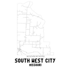 South West City Missouri. US street map with black and white lines.
