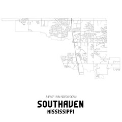 Southaven Mississippi. US street map with black and white lines.