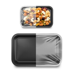 Horizontal black tray container mockup with transparent film. Vector illustration isolated on white background. Layered template file easy to use for your promo product. EPS10.	