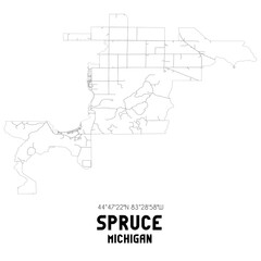 Spruce Michigan. US street map with black and white lines.