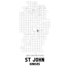 St John Kansas. US street map with black and white lines.