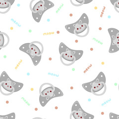 Seamless children's pattern on a white background. A dummy with a cat. Pacifier for children