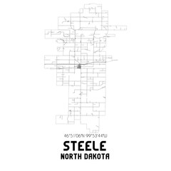 Steele North Dakota. US street map with black and white lines.