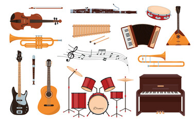 Musical instrument icons. String, keyboard, percussion and wind musical instruments isolated on white background.