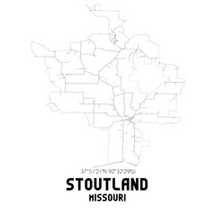 Stoutland Missouri. US street map with black and white lines.