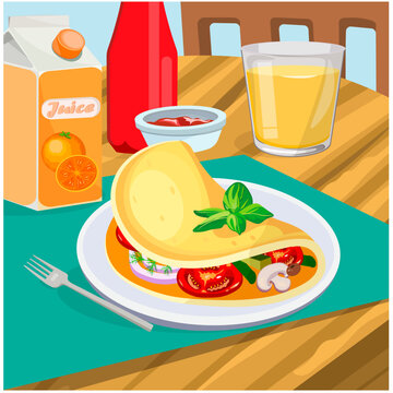 breakfast on the table amlet juice and ketchup