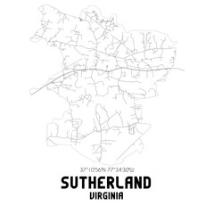 Sutherland Virginia. US street map with black and white lines.