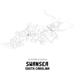 Swansea South Carolina. US street map with black and white lines.
